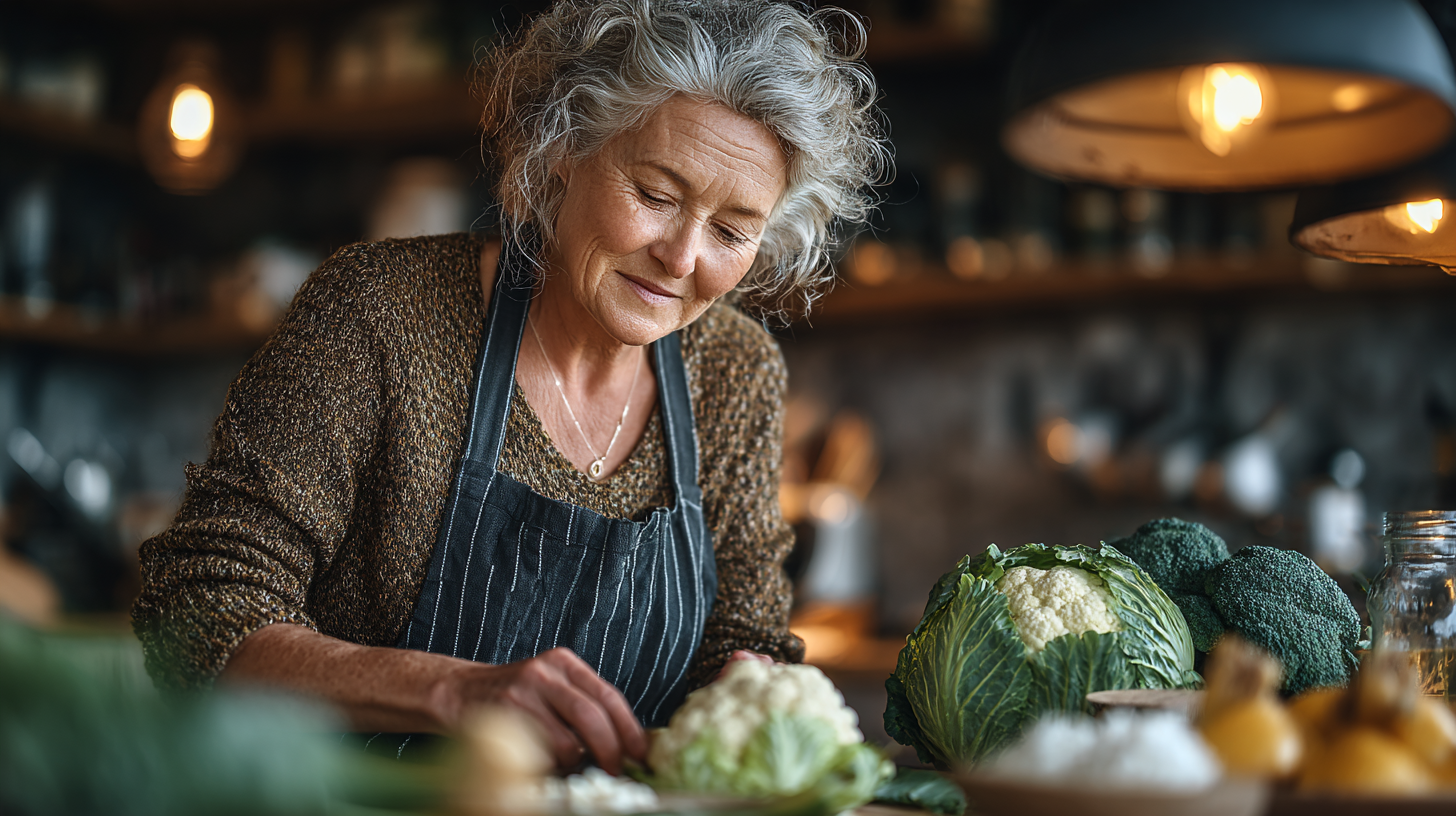 Femeie în vârstă care pregătește mâncare sănătoasă